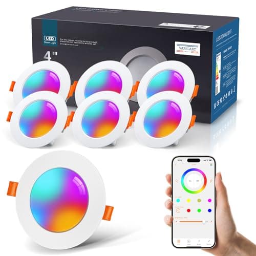 Image of VARICART Smart LED Downlights for Ceiling Alexa, 10W Bluetooth RGB Colour Changing Spot Lights 2700K-6000K, Dimmable Recessed Ceiling Lights, APP Control for Living Room Bedroom Kitchen, 6 Pcs