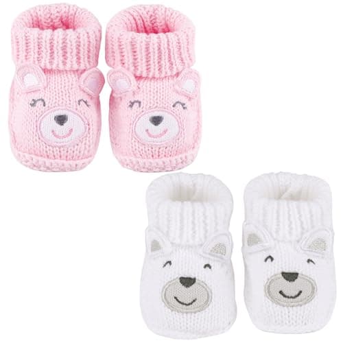 Image of LACOFIA 2 Pairs Newborn Knitted Booties Soft Baby Boys Girls Bootees 0-3 Months Pink Fox+White Bear