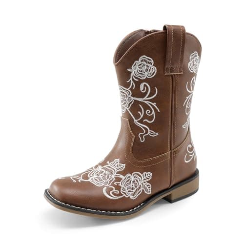 Image of DREAM PAIRS Girls Cowboy Boots Floral Embroidered Classic Western Cowgirl Boots Square Toe Mid Calf Side Zipper Horsing Party Toddler/Little/Big Kids,Size 6 Little Kid,Brown,SKMB26003K