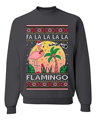 Image of Wild Bobby Fa La La La Mingo Pink Flamingo Santa Hat Lighting Trees Ugly Christmas Sweater Unisex Crewneck Sweatshirt, Charcoal, 3XL