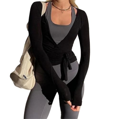 Image of Geagodelia Long Sleeve Wrap Over Tops for Women Front Tie Slim Fitted Deep V-Neck Cross Wrap Around Tops Workout Pilates Ballet Yoga Gym Sports Top (Black, S)