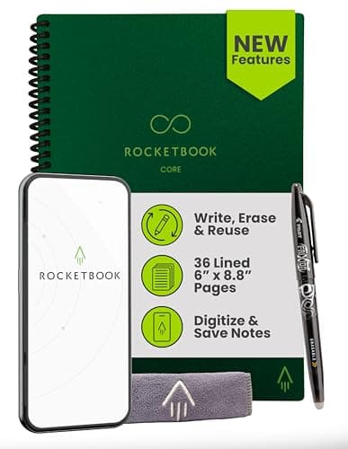 Image of Rocketbook New Core Reusable Spiral Notebook, Executive Size 6x8.8, Green - Lined Pages, App-Connected, Erasable, Durable Cover, Ideal for School, Work, and Creative Projects