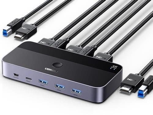 Image of UGREEN KVM Switch HDMI 4K@60Hz, 3.0 4-Port Hub with 1 USB-C and 3 USB-A Ports for Sharing Keyboard, Mouse, Hard Drives, Printer, 2 PC 1 Monitor with 2 Cables
