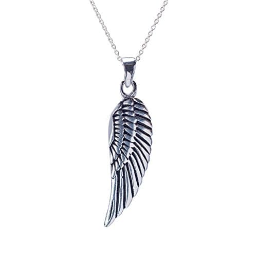 Image of Silverly 925 Silver Angel Wing Necklace for Women - Sterling Silver Textured Feather Pendant on Curb Chain - Boho Spiritual Detailed Bird-Inspired Jewellery – Protective Symbol Gift