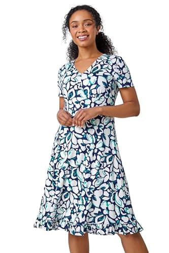 Image of Roman Originals Tea Dress for Women UK Ladies Skater Swing Fit & Flare Flattering Summer Knee Length Frill Hem Ruched Chest Casual Smart Cocktail Party Going Out - Petite Floral Navy - Size 14