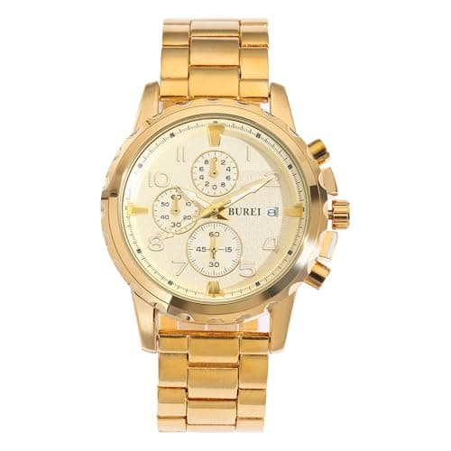 Image of BUREI Men's Luxury Chronograph Watch, Gold, Stainless Steel Strap, Multifunction Quartz Movement, Date Display, gold, Classic