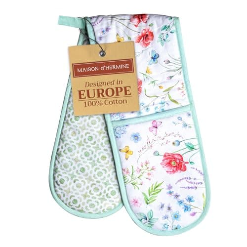 Image of Maison d' Hermine Double Oven Mitts 100% Cotton 18 cm x 89 cm Double Oven Mitt Heat Resistant BBQ Cooking Gloves with Loop Baking Grilling Handling Hot Pans Gifts for Mothers Day (Just Floral)