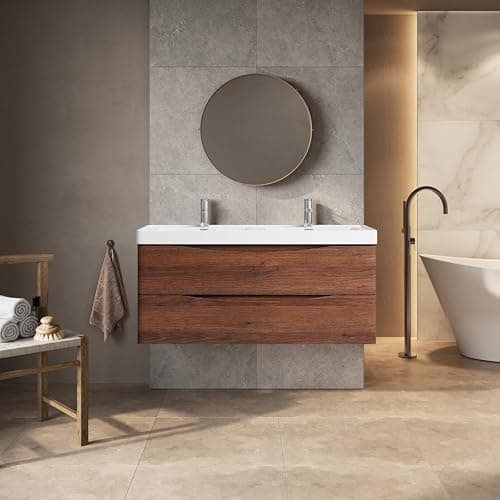 Image of Go Bathrooms Eaton Redwood 1200mm Wall Hung Vanity Unit Inc Resin Basin Sink Oak Effect Vanity Unit Under Sink Bathroom Cabinet Storage Vanity Sink