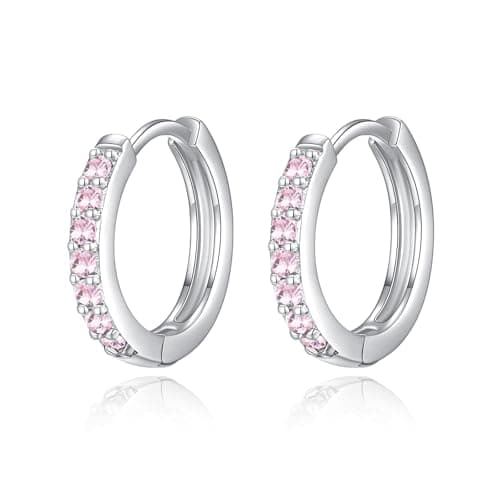 Image of Silver Earrings for Women | Sterling Silver Hoop Earrings | Hypoallergenic Small Huggie Hoop Earrings Pink Cubic Zirconia Hoops Women Earrings Jewellery for Girls Birthday Christmas Wedding Gifts