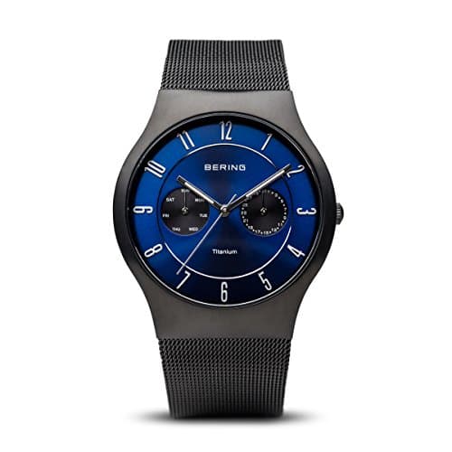 Image of BERING Men Analog Quartz titanium collection Watch with stainless steel Strap and Sapphire Crystal 11939-078, Black/Blue, 39 mm