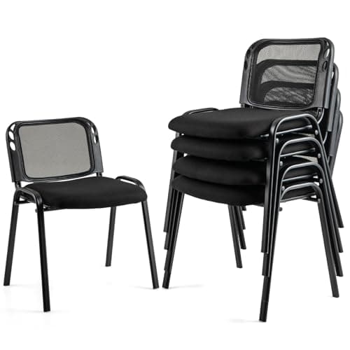 Image of COSTWAY Set of 5/10 Stackable Reception Chairs, Upholstered Armless Mesh Office Chair, Heavy Duty Metal Frame Guest Conference Chair for Home Office Waiting Room Bedroom (58x55x72cm, Black, 5)