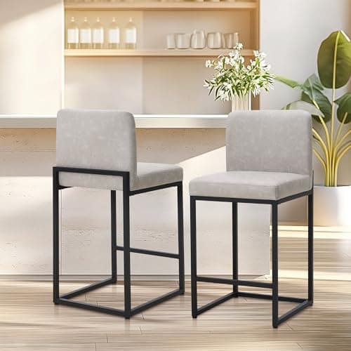 Image of ALPHA HOME Bar Stools, Tall Kitchen Stools, Sturdy Steel Frame Breakfast Bar Chairs, 60 cm Soft Faux Leather Seat Kitchen Counter Chairs for Dining Area, Kitchen Island Barstools, 2 pcs, Light Grey
