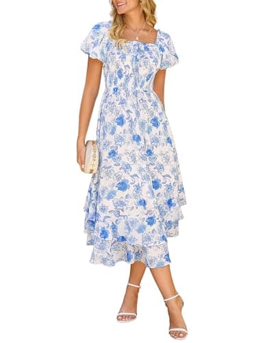 Image of GRACE KARIN Women Summer Floral Dress Puff Sleeve Square Neck Smocked A-line Maxi Dresses for Women UK Blue Floral S