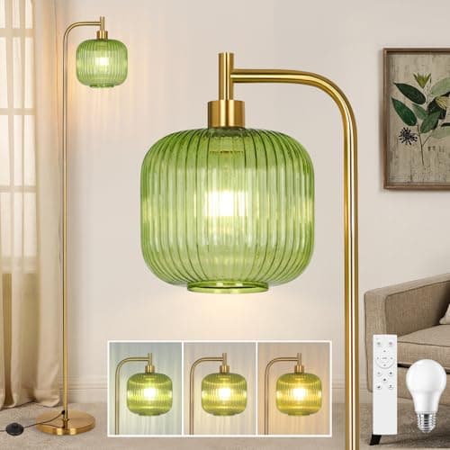 Image of Vloitgol Glass Floor Lamp for Living Room, Modern Floor Lamp Ribbed Glass Lampshade Pedal Switch, Tall Lamp for Bedroom Study Room Dining Room Office (2700K LED Bulb Included)