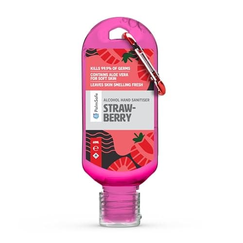 Image of Palm Safe Strawberry 60ml Anti Bacterial Premium Hand Sanitiser Travel Size Refillable Clip Bottle Quick Drying Non Sticky Extra Moisturising Kills 99.9% of Viruses and Bacteria