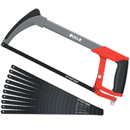 Image of AIRAJ Hacksaw Frame 300MM,Hand Hacksaws with 10 Spare Blades,Professional High-Tension Hacksaw for Metal,Wood,Steel,PVC Pipe,Frozen Meat,45°&90° Two Angles Sawing