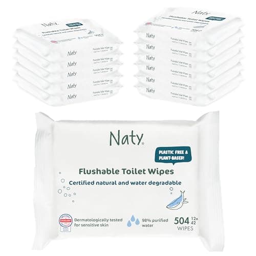 Image of Naty Flushable Baby Wipes | 98% Water & Natural for Sensitive Skin | Unscented, Plant-Based, Fragrance-Free | Plastic-Free & Compostable | Newborn & Toddler Gentle Wet Wipes | 504 Count (12 Packs)