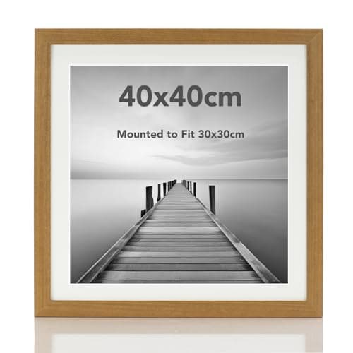 Image of Boldon Framing - Square Thin Oak Wood Picture Frame, 40x40cm With White Mount to fit 30x30cm Picture Wall Mount Photo Display