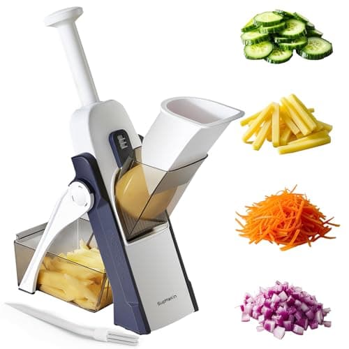 Image of SupMaKin Safe Mandoline Slicer, Upright Handle Vegetable Potatoes Slicer Chopper, Julienne + Dicer, Thickness Adjuster for Kitchen Fast Meal Prep