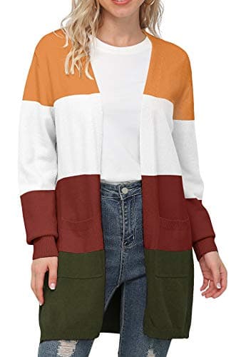 Image of IWOLLENCE Womens Long Knit Cardigans for Women Ladies Long Sleeve Soft Winter Fleece Jumpers Cardigan with Pockets (Orange White, XL)