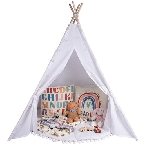 Image of Relsy Kids Ivory White Teepee Tent For Kids | White Tipi Play/Pop Up Tent For Girls & Boys 140 x 120cm Cotton Canvas, With 3 Meters Star Lights & Circular Mat/Rug Accessories