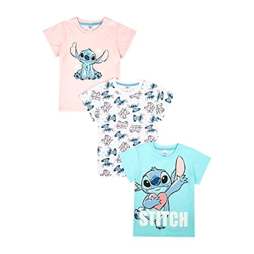 Image of Disney Lilo and Stitch 3PK T-Shirts for Girls, Short Sleeve T-Shirts Pack of 3 Girls Summer Top, Ages 5 to 12 Years Old (UK, Age, 5 Years, 6 Years, Regular) Multi
