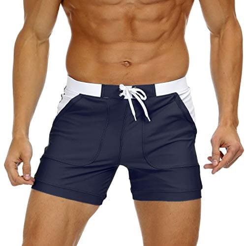 Image of KEFITEVD Men's Quick Dry Swimming Shorts Sexy Beach Board Trunks Summer Short Swim Pants with Adjustable Drawstring, Navy Blue, 32