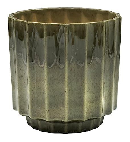 Image of Ivyline Lugano Scalloped Reactive Planter in Green - Waterproof and Lightweight - Indoor Ceramic Houseplant Pot with Reactive Glaze - H16cm x D16cm