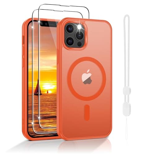 Image of Jshru Magnetic for iPhone 12/12 Pro Case,Compatible with Magsafe,with Lanyard and HD Screen Protectors,[Durable & Sturdy] Slim Translucent Protective Cover,iPhone 12-Orange