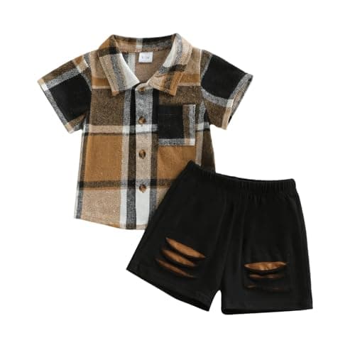 Image of Vioyavo Infant Baby Boys Summer Clothes Set Plaid Print Short Sleeve Lapel Button Down T-shirt Top Elastic Waist Ripped Shorts Outfit (Black, 18-24 Months)