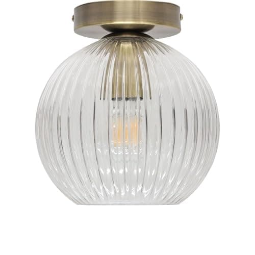 Image of firstchoicelighting Ribbed Glass Globe Ceiling Light Flush Fitting with Antique Brass Detail, Modern Low Ceiling Lighting