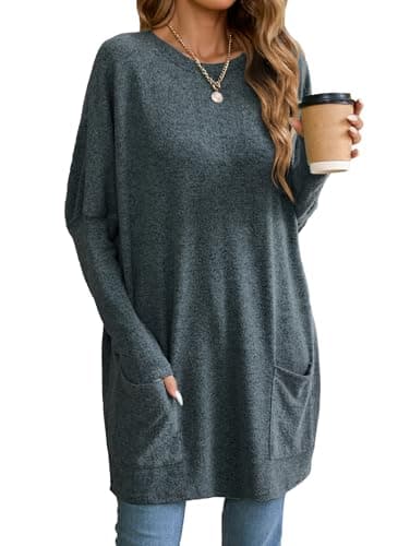 Image of Famulily Women's Outfits Oversized Batwing Long Tops Round Neck Basic Loose Casual Tshirt with Pockets Navy L