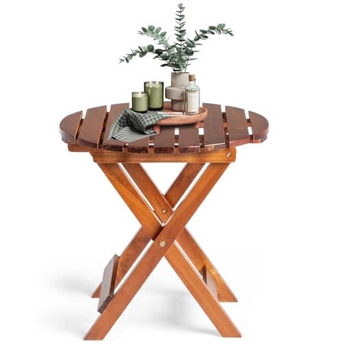 Image of Outopee Round Folding Garden Side Table, Solid Wood End Table Coffee Table, Outdoor Small Patio Table, Portable & Lightweight Compact Table for Backyard Poolside Camping Picnic, Teak
