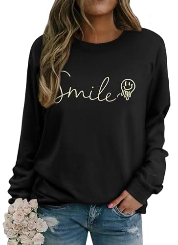 Image of WIEIYM Women's Sweatshirts Smile Sweatshirt Cotton Graphic Crewneck Sweatshirt Funny Long Sleeve Tops Basic Pullover for Spring Autumn Winter Black