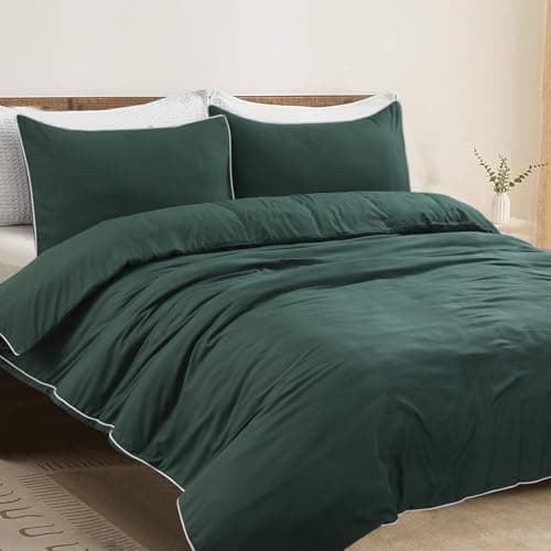 Image of Linen Home Double Duvet Cover Sets with Piping finish, Bottle Green Double Bedding set Including Piped Duvet Cover and 2 Pillowcases (Double)