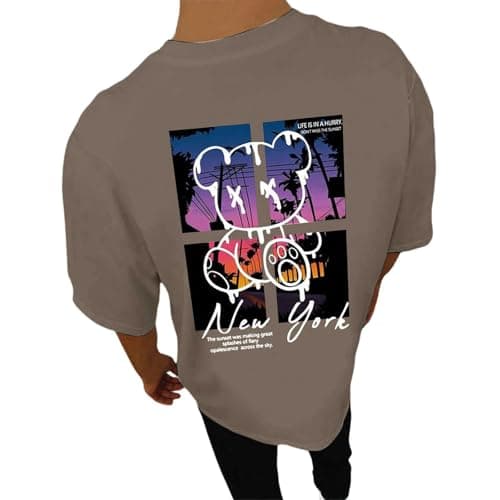 Image of Mens T Shirt Back Print Summer Short Sleeve Tshirts Fashion Motif Clothing Retro Cotton Casual Shirt Boys Tee Crew Neck Outfit Lightweight Tops 02D#Coffee XX-Large