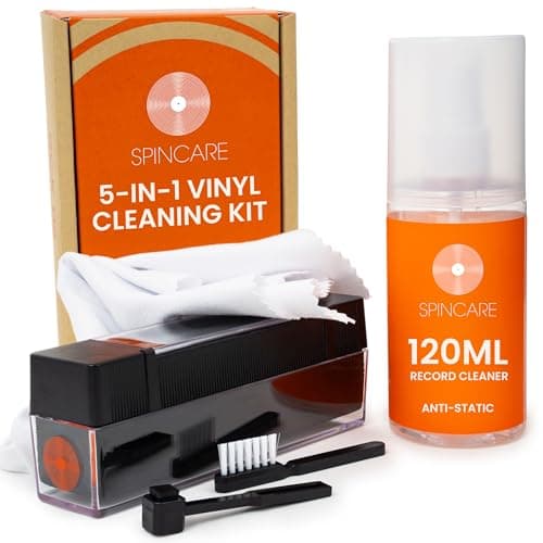 Image of Spincare Vinyl Record Cleaner Kit | 5-in-1 Essentials Vinyl Cleaning Set | Velvet Record Brush with Dust Cover | Stylus Brush | 120ml Anti-Static Cleaning Spray | Microfibre Cloth | LP Album Cleaner