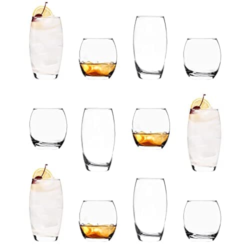 Image of LAV 12pc Clear Empire Glassware Set - Mixed Glass Highball Cocktail Gin Glasses and Water Whiskey Drinking Tumblers