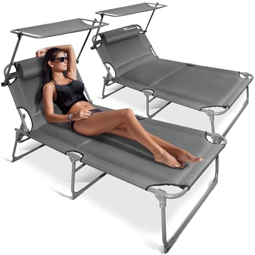 Image of SUNMER Padded Extra Wide Sun Loungers with Adjustable Backrest and Shade Roof Canopy - Set of 2 Deluxe Garden Day Bed - 5 Position Reclining Folding Outdoor Sunbeds for Pool, Patio, Beach and Garden