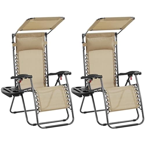 Image of Yaheetech Yaheetch Outdoor Zero Gravity Sun Lounger Foldable Recliner Adjustable Patio Garden Chair w/Canopy, Cup Holder, Carry Strap for Beach Deck Camping Beige/2