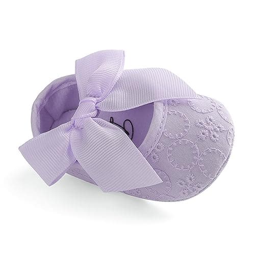 Image of LACOFIA Baby Girls Shoes Princess Bowknot Infant Crib Shoes with Anti-Slip Soft Sole Purple 12-18 Months