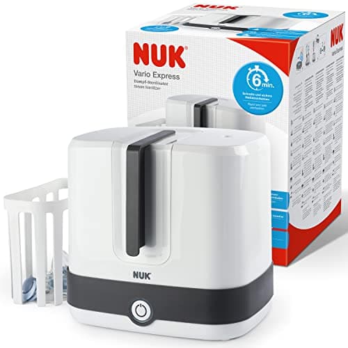 Image of NUK Vario Express Bottle Steriliser | Steam Sterilises up to 6 Baby Bottles & Accessories in 6 Minutes | Auto Switch Off | Removable Basket & Poles | UK 3 Pin Plug
