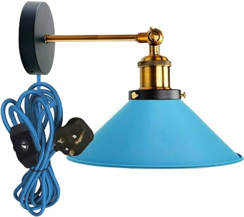 Image of LEDSone Industrial Wall Sconce Adjustable Arm Light dimmer Switch Plug in 22cm Blue Metal Cone Lamp Shade with E27 Base Wall Lights for Restaurant Office and Indoor Home Decor