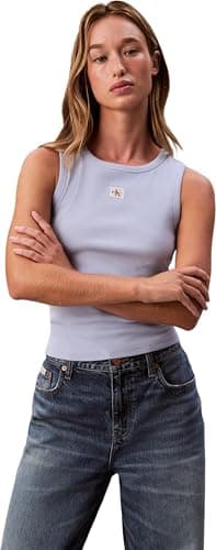 Image of Calvin Klein Women's A - Woven Label 2X2 Cotton Rib T LV047C201G Tank Top, Purple (Casual Blue), L