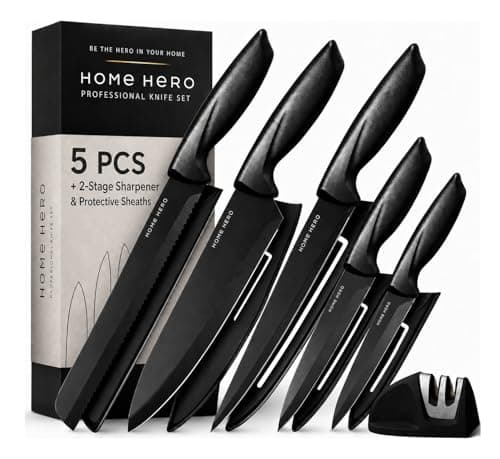 Image of Home Hero 5-Piece Kitchen Knife Set with Protective Sheaths & 2-Stage Sharpener, Black Stainless Steel Chef, Bread, Carving, Utility & Paring Knives