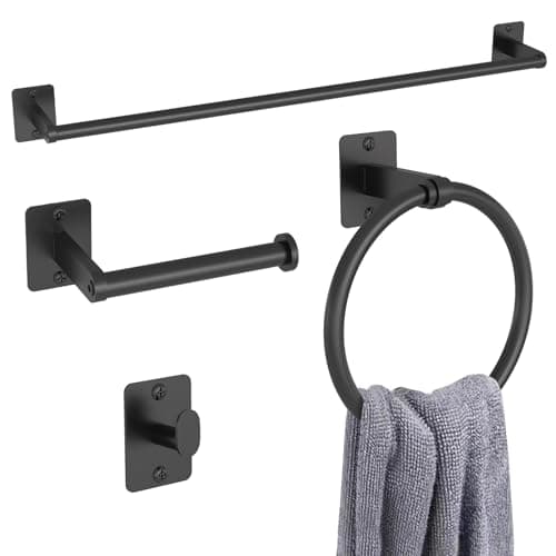 Image of Toilet Roll Holder and Towel Rail Set, Gypie 4 Pieces Black Bathroom Accessories Set, Metal Bathroom Hardware Set Includes 24″ Black Towel Rail, Toilet Roll Holder, Towel Ring, and Wall Hook
