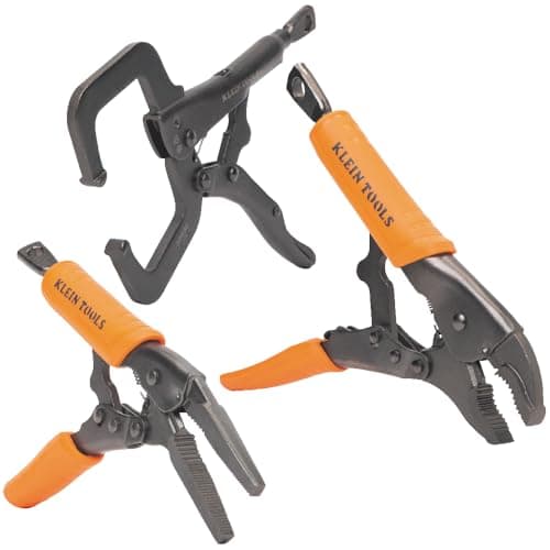 Image of Klein Tools 38664 Locking Pliers Set, C-Clamp 6-Inch, Long Nose 6-Inch, Curved Jaw 10-Inch, High Torque, Molded Grips for Clamping and Gripping 3-Piece