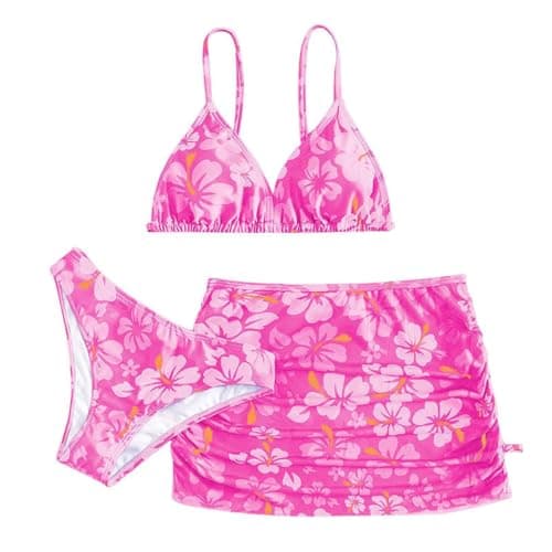 Image of PythJooh Girls' 3 Piece Swimsuit Set Floral Prints Bikini Swimwear with Drawstring Beach Cover-Up Skirt Bathing Suit for 8-13Years Pink