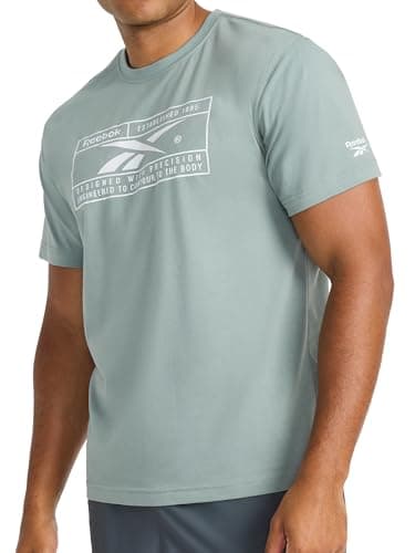 Image of Reebok Apparel Mens Locker Graphic Crewneck T-Shirt, Standard Fit, Lightweight Cotton-Poly Fabric, Vintage Moss, Medium