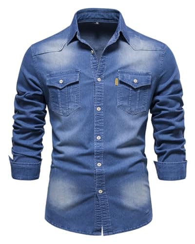 Image of Morbuy Denim Shirts for Men Regular Fit Long Sleeve Casual Mens Cotton Collared Button Down Blue Denim Jacket Shirts Top Autumn Winter Coats with Pocket